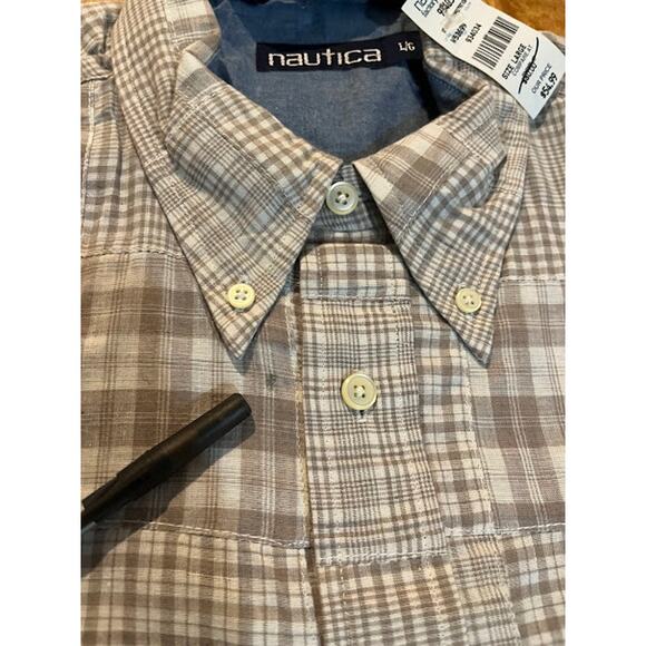 NWT VTG Y2K Nautica Shirt Mens Tan and White Madras Button Down Full Fit Size L - Picture 5 of 5
